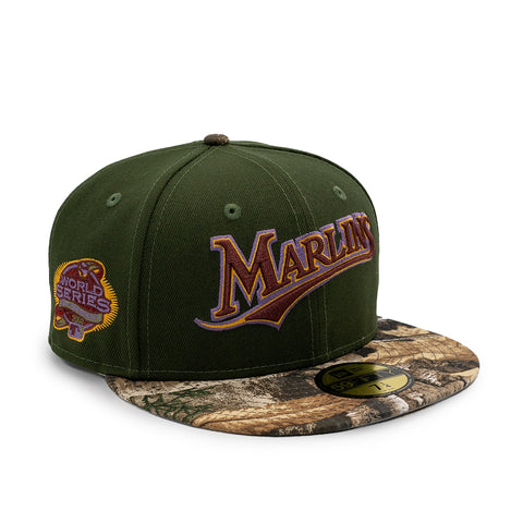 NEW ERA X FRESH RAGS 59FIFTY Florida Marlins Script 100th World Series SIDE PATCH - Real Tree Camo