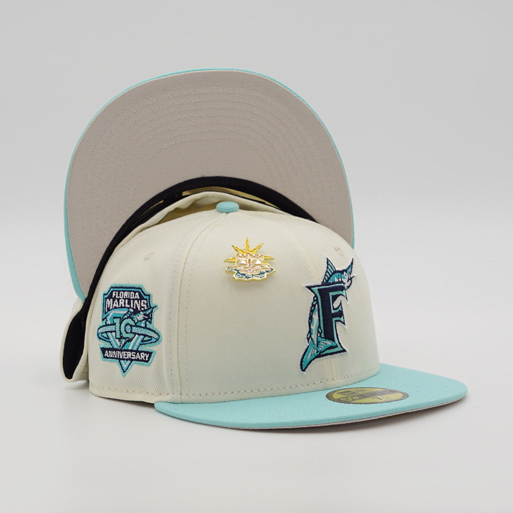 FRESH RAGS X NEW ERA 59FIFTY Florida Marlins 10TH ANNIVERSARY SIDE PATCH Sand UV "Spring Break" Pack